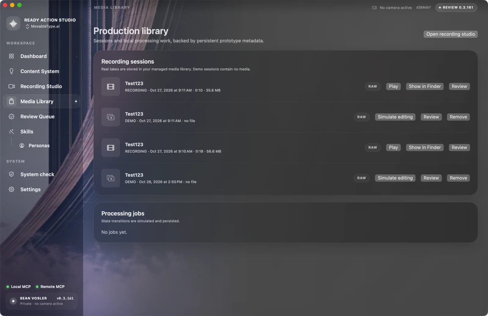 Production library listing raw recordings and processing jobs