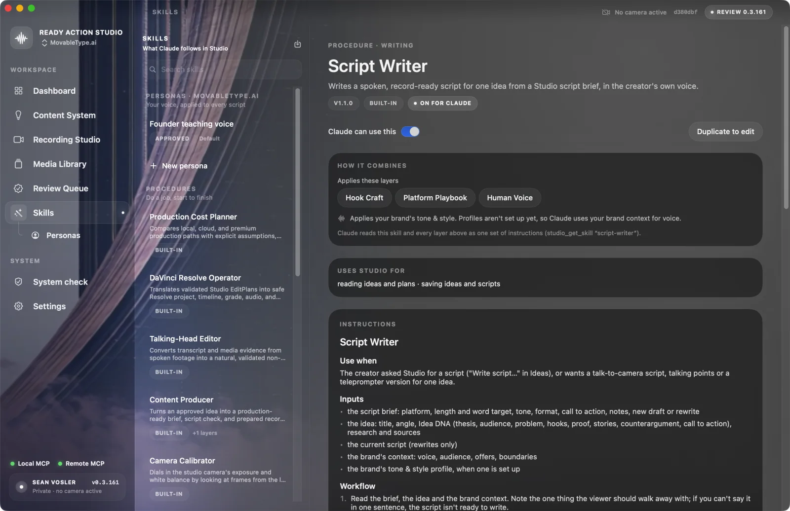 The Script Writer skill, layered with Hook Craft, Platform Playbook and Human Voice